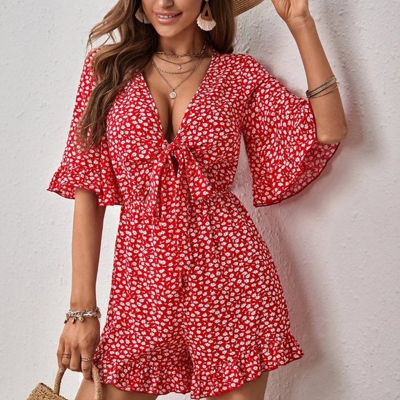 Red Boho Womens Ditsy Floral Tie Front Ruffle Hem Romper - Picture 3 of 5